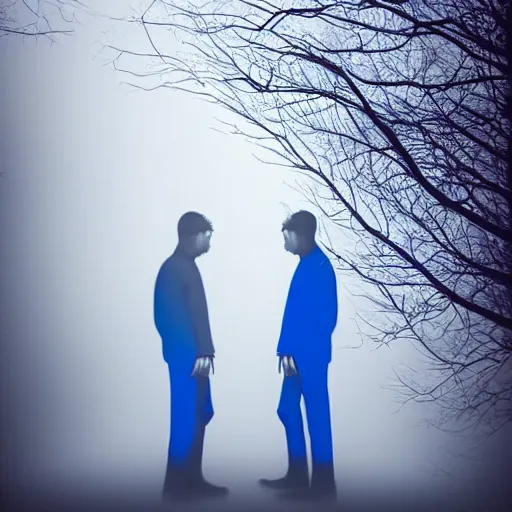 Image similar to symmetrical blue and red, mysterious man looking at a distant machine in fog