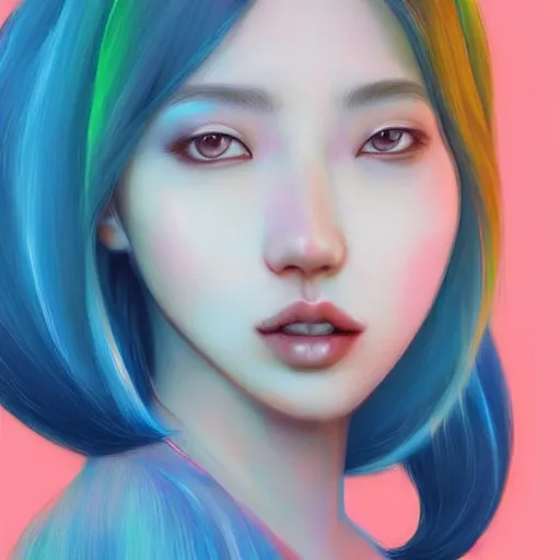 Prompt: a digital painting of hyoni kang in the rain with blue hair, cute - fine - face, pretty face, art by sim sa - jeong, cgsociety, synchromism, detailed painting, glowing neon, digital illustration, perfect face, extremely fine details, realistic shaded lighting, dynamic colorful background