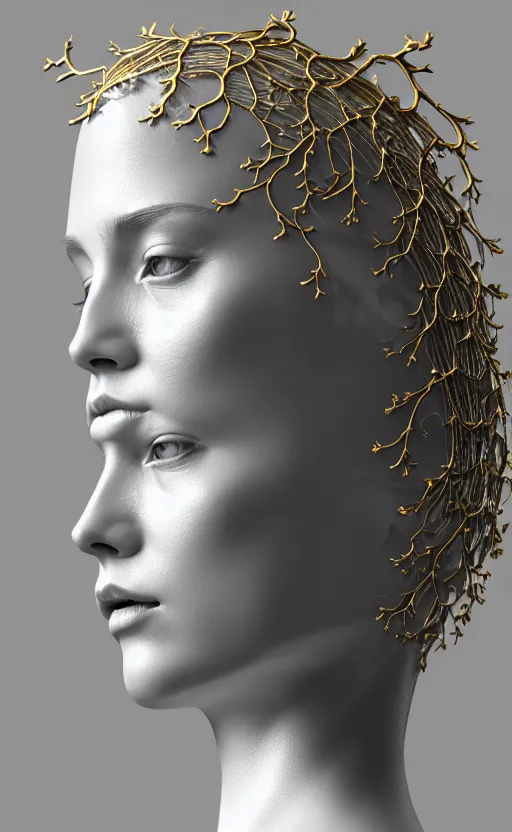 Image similar to complex 3d render of a beautiful porcelain profile woman face, vegetal dragon cyborg, 150 mm, beautiful natural soft light, rim light, silver gold details, magnolia leaves and stems, roots, fine lace, maze like, mandelbot fractal, anatomical, facial muscles, cable wires, microchip, elegant, highly detailed, white metallic armour, octane render, black and white, H.R. Giger style