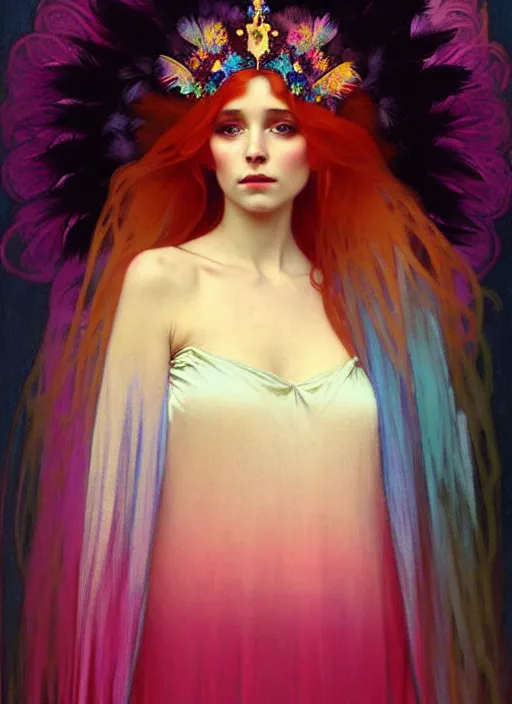 Image similar to ombre velvet gown, feathers, vivid colors, lovely dark autumn princess, portrait, long hair, tiara, jeweled choker, by alphonse mucha, brom, greg rutkowski, anato finnstark