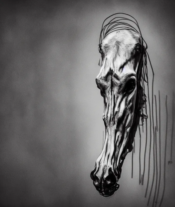 Image similar to skeleton of a horse in a dark veil, dark and mysterious, stopped in time, atmospheric, ominous, eerie, cinematic, epic, 8 k, 4 k, ultra detail, ultra realistic