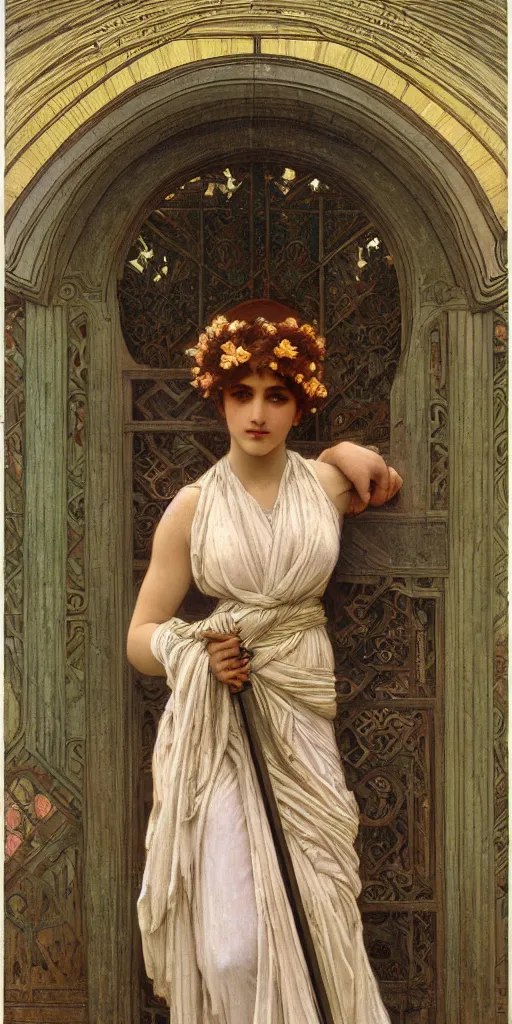 Image similar to at the gate of the temple by john william godward painted by alphonse mucha