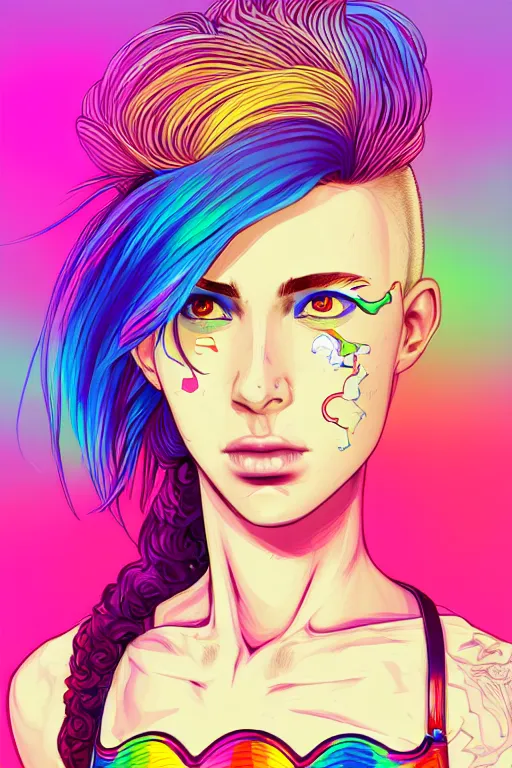 Image similar to a award winning half body portrait of a beautiful woman with stunning eyes in a printed croptop and cargo pants with rainbow colored ombre hairstyle head in motion and hair flying by josan gonzales, outrun, vaporware, shaded flat illustration, digital art, trending on artstation, highly detailed, fine detail, intricate