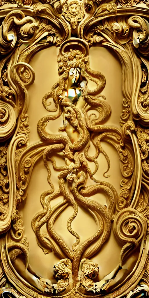 Image similar to the source of future growth dramatic, elaborate emotive Golden Baroque and Rococo styles to emphasise beauty as a transcendental, seamless pattern, symmetrical, large motifs, versace medusa logo, bvlgari jewelry, rainbow liquid splashing and flowing, Palace of Versailles, 8k image, supersharp, spirals and swirls in rococo style, medallions, iridescent black and rainbow colors with gold accents, perfect symmetry, High Definition, photorealistic, masterpiece, smooth gradients, high contrast, 3D, no blur, sharp focus, photorealistic, insanely detailed and intricate, cinematic lighting, Octane render, epic scene, 8K