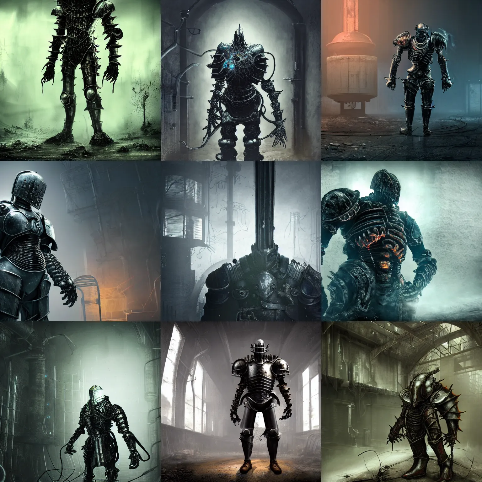 Prompt: Biomechanical Arthurian Knight in an abandoned electrical plant with a monster standing behind them, Elden Ring, Dark Souls, rubber undersuit, moody colors, 4k, glowing eyes in helmet, industrial environment, horror movie cinematography, electrical plant location, ultra realistic