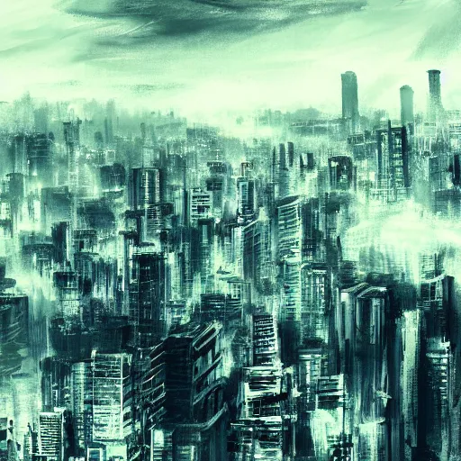 Prompt: concept art of tokyo city taken from drone by ashley wood and j. m. w. turner, speed painting, photo bash, cinematic angle, super detailing, monochrome