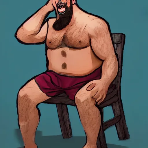 Image similar to six foot tall burly man named craig with crayons stuffed into his mouth, chewing, eating, binging, sitting on a wooden chair, high quality digital art, artstation