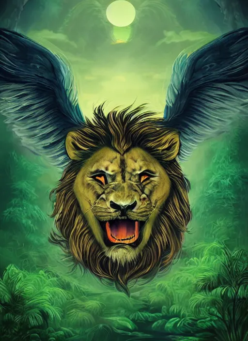 Image similar to portrait of a mythological beast with lion face and bird wings in the middle of a lush forest at night. diffuse neon light, dramatic landscape, fantasy illustration, matte painting