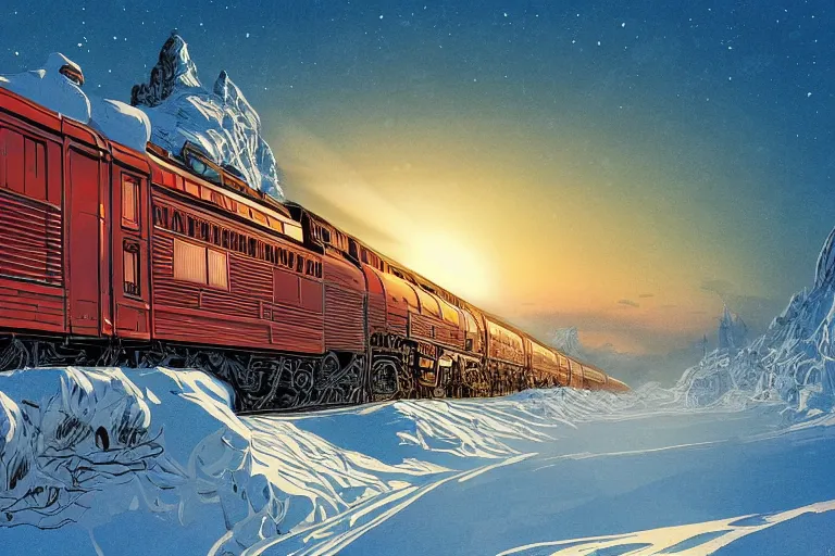 Image similar to trans - siberian express train illustration by joe fenton and syd mead and p. craig russell and barry windsor - smith, artstation, 4 k, graphic novel, concept art, matte painting, beautiful russian winter landscape sunset background, golden hour, art nouveau