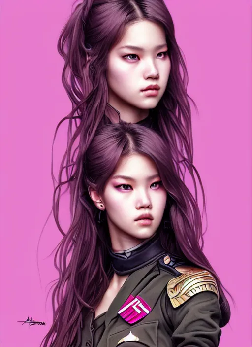 Prompt: jossi of blackpink, female soldier, tarot card, highly detailed, digital painting, smooth, sharp focus, illustration, ultra realistic, 8 k, art by artgerm and alphonse mucha