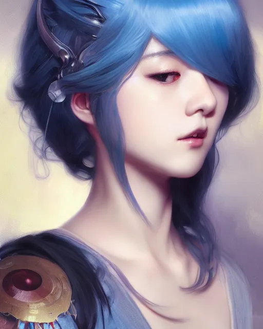 Image similar to stunningly beautiful female blue hair, cute korean actress, dj sura, fantasy art, sharp focus, digital painting, 8 k, concept art, art by wlop, artgerm, greg rutkowski and alphonse mucha