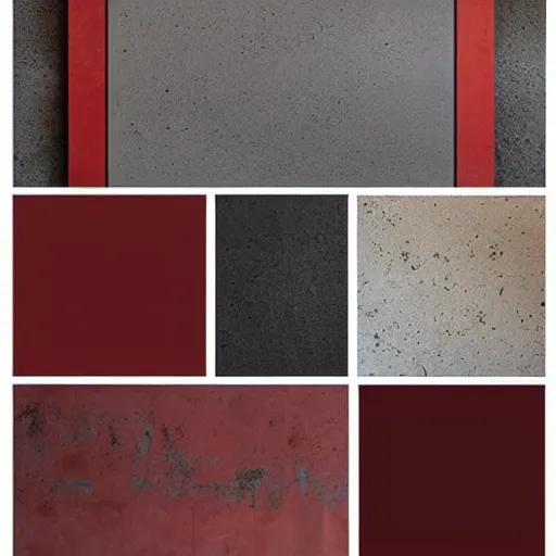 Prompt: material sample board combining concrete, red painted metal, oak, plants, dark grey carpet, architectural finishes, pinterest, trendy, expressive, warm, eye catching, interior design