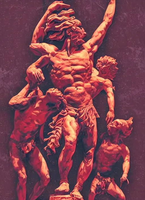 Prompt: design poster, black background with very subtle red and purple design elements, statue of laocoon and his sons, powerful, nekro, graphic design, collage art, thin lines, dark, glitch art, neo vaporwave, gritty, layout frame, square, trending on artstation