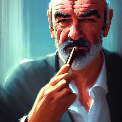 Image similar to portrait of sean connery smoking a cigar, 4 k, concept art, by wlop, ilya kuvshinov, artgerm, krenz cushart, greg rutkowski, pixiv. cinematic dramatic atmosphere, sharp focus, volumetric lighting, cinematic lighting, studio quality