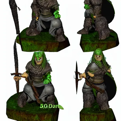 Image similar to thorkana orc woman with human features in her 5 0's, legendary soldier, high rank, mother of two boys, loving, happy, fierce, symmetrical face, green skin, dark hair with some grey, giant axe on her back, chest up portrait, dungeon's and dragon's, dark souls boss