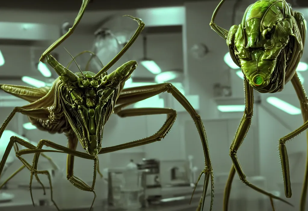 Prompt: a highly detailed mantis - like alien abomination laying eggs towards the camera, in a biotech lab, from love death and robots ( 2 0 1 9 ). sticky liquids, greenish fluids, yellowish steam. coherent portrait, intricate, elegant, suspense environment, digital photo, trending on artstation, hdr photo, smooth, sharp focus