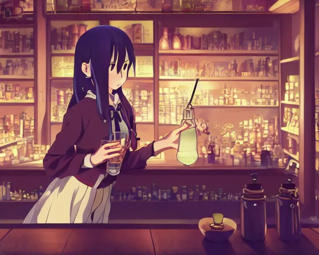 Prompt: anime visual, portrait of a young female traveler drinking a potion in a alchemist's shop interior, cute face by yoh yoshinari, katsura masakazu, cinematic lut, cool studio lighting, dynamic pose, dynamic perspective, strong silhouette, anime cels, ilya kuvshinov, cel shaded, crisp and sharp, rounded eyes, moody