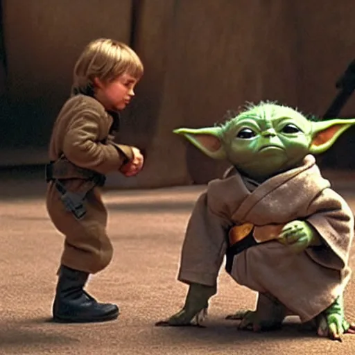 Image similar to a film still of baby yoda's son being trained by luke skywalker in star wars realistic, detailed