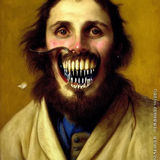 Image similar to dentist portrait of a dentist with large, giant teeth, rotten teeth, yellow, broken, cavities, moldy by Mark Brooks and Gustave Courbet