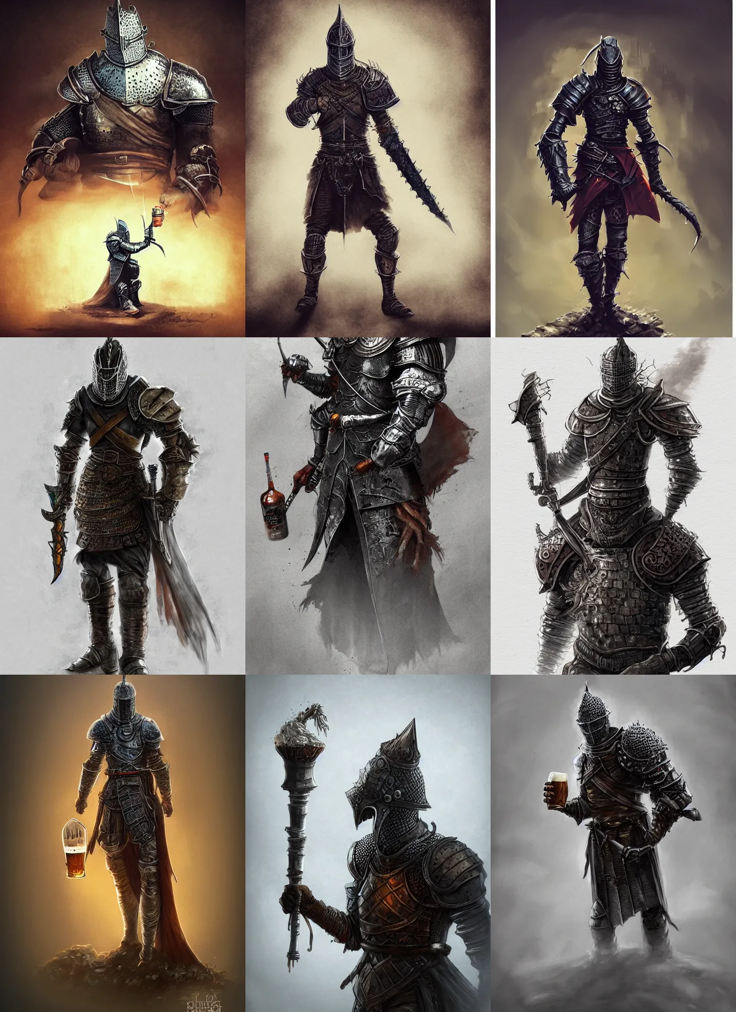 Prompt: knight drinks beer, beer, glass, beer mug in hand, intricate, triumphantly, fog, full body art, dark souls, drawing, concept art, artstation