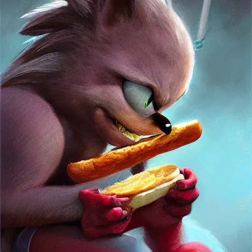 Image similar to A beautiful hyperrealistic detailed matte portrait painting of Sonic eating a sandwich of chorizo by andreas rocha and john howe and Martin Johnson