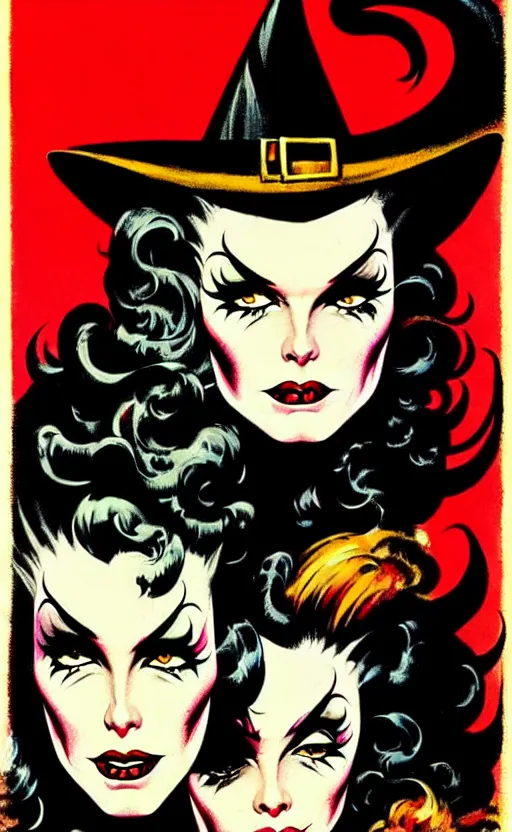 Image similar to witches, detailed faces, psychobilly, rockabilly, punk, full body, white background, vector art, illustration by frank frazetta