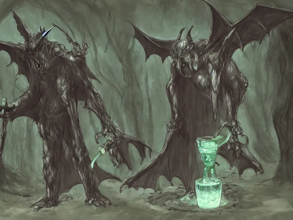 Prompt: concept art creature with bat wings and diabolic drinking water from a river in the forest