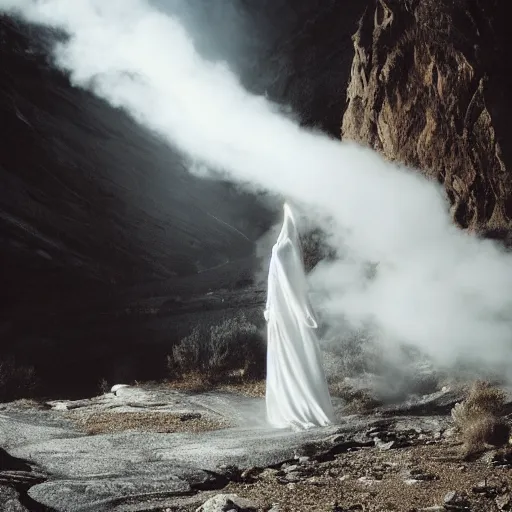 Image similar to photo, a woman in a giant flowing incredibly long dragging white dress made out of white smoke, standing inside a dark western rocky scenic landscape, volumetric lighting