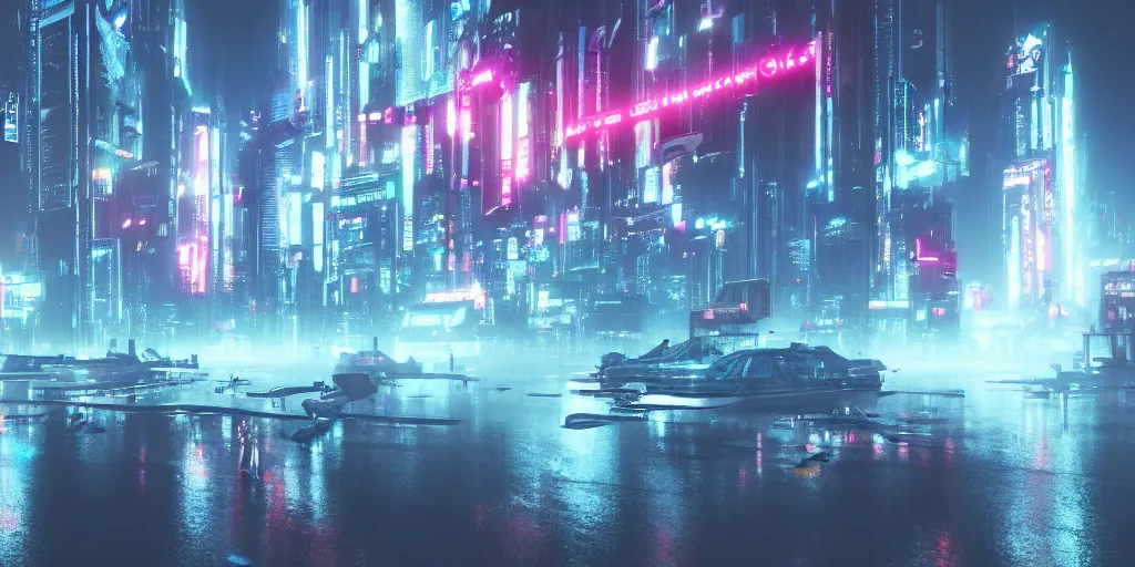 Image similar to i, a detailed cyberpunk city, mist, rain, neon light, giant aircrafts, 8k, high definition, trending on artstation