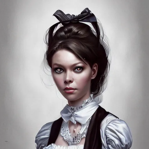 Image similar to a portrait of ornella muti as a french maid, urban motifs, intricate, elegant, highly detailed, digital painting, trending on artstation, concept art, smooth sharp focus, illustration, art by artgerm and greg rutkowski