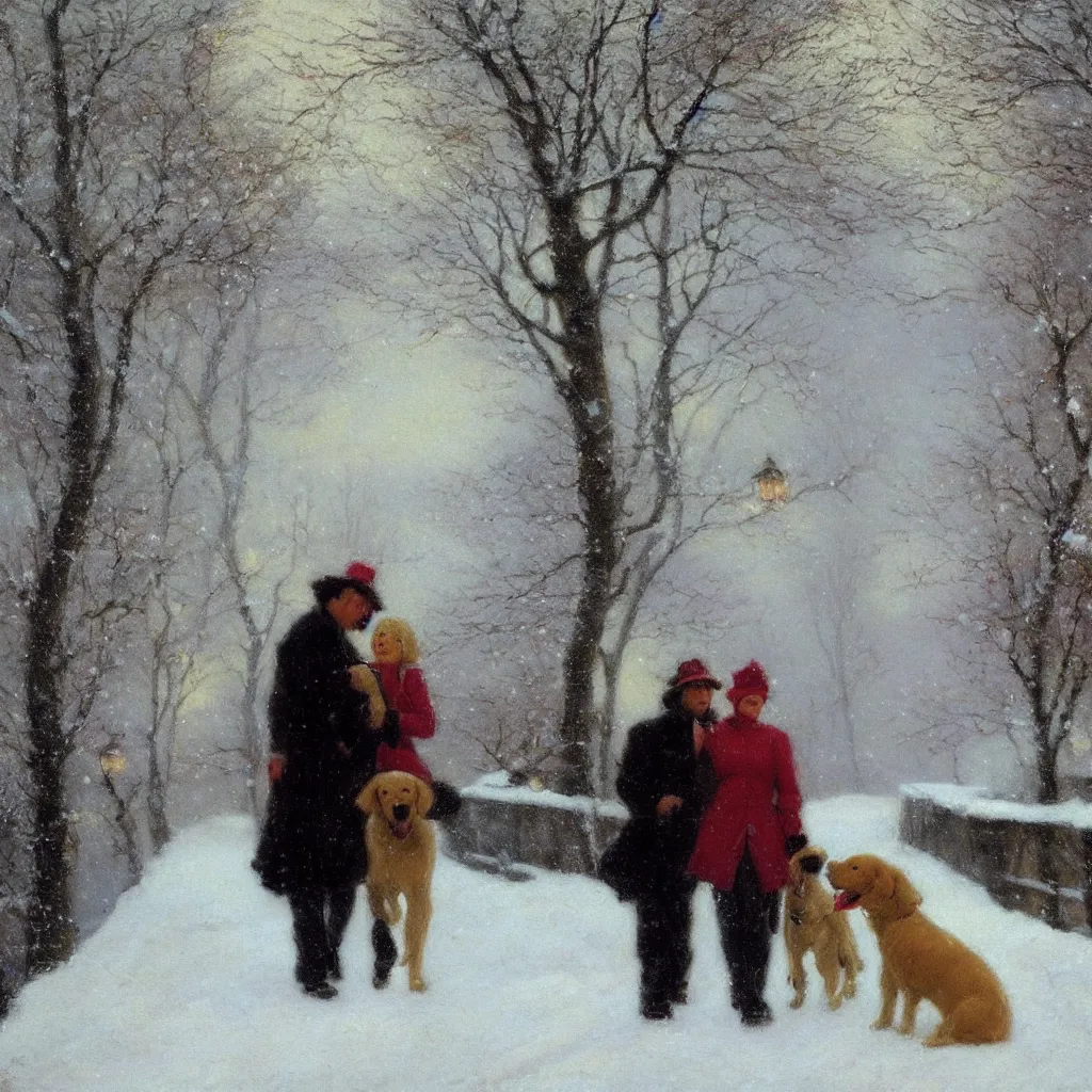 Prompt: Painting of a man and a woman walking their golden retriever dog in a snowy path, romantic, painted by Delphin Enjolras
