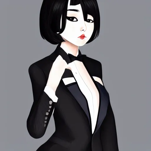 Image similar to portrait of a beautiful korean girl wearing a men's tuxedo, with long hair and bangs, angular features, angry expression, digital art, elegant pose, detailed illustration