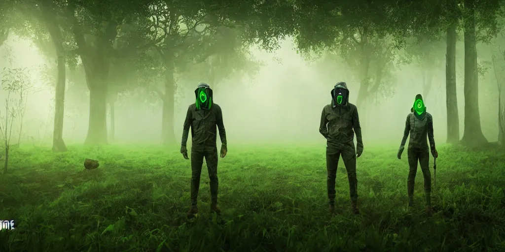 Image similar to inside of alien lush summer green landscape of human mind and imagination of a beautifully strange a gamekeeper wearing a solarpunk mechanical fluorescent mystical animal mask and red hoods. walking in the misty swamp. in style of fornite game. morning fog, matte painting, beautiful render, octane render, concept art