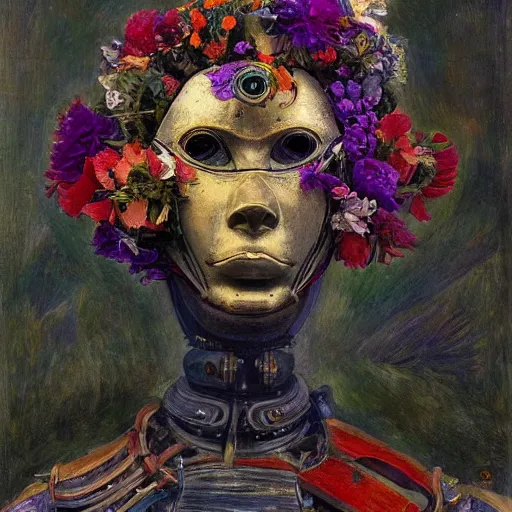 Image similar to a painting of a humanoid robot wearing a mask made of flowers, by annie swynnerton and diego rivera and tino rodriguez, symbolist, dramatic lighting, elaborate geometric ornament, art brut, soft cool colors, smooth, sharp focus, extremely detailed, adolf wolfli