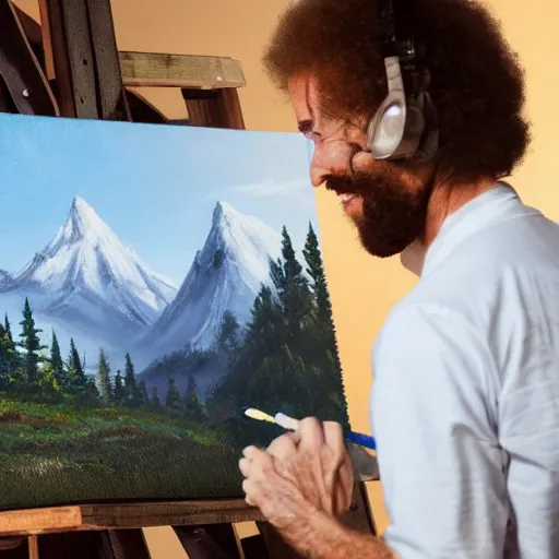 Image similar to a closeup photorealistic photograph of bob ross working on a canvas painting of deadpool. film still. brightly lit scene. mountains and trees. this 4 k hd image is trending on artstation, featured on behance, well - rendered, extra crisp, features intricate detail, epic composition and the style of unreal engine.