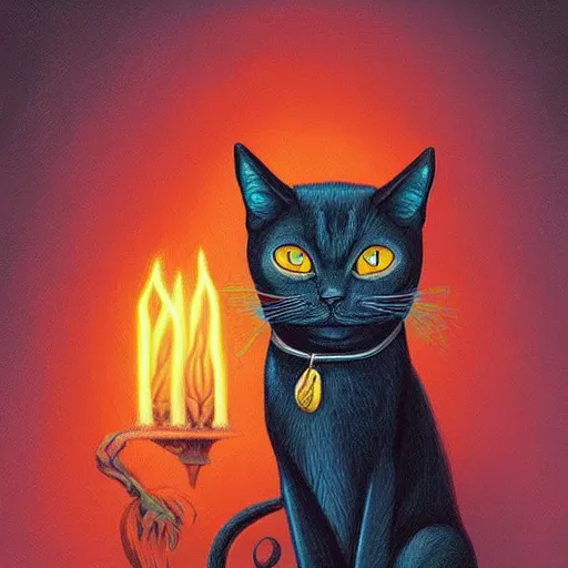 Prompt: Witch's cat By Casey Weldon and Martine Johana, rich colors, intricate, elegant, highly detailed, centered, digital painting, artstation, concept art, smooth, sharp focus, illustration