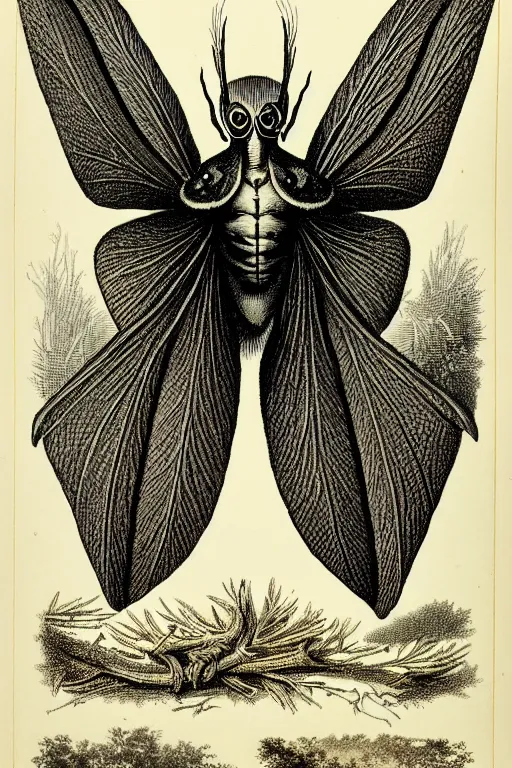 Prompt: a victorian naturalist's illustration of mothman, labels and notes, high detail, ultrasharp detail, intricate inked page border.