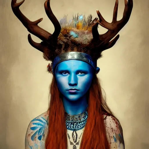 Image similar to A young female shaman, blue hair and antlers on her head, blindfolded, heilung, in the style of Heather Theurer, headshot photoshoot, artstation, made by karol bak