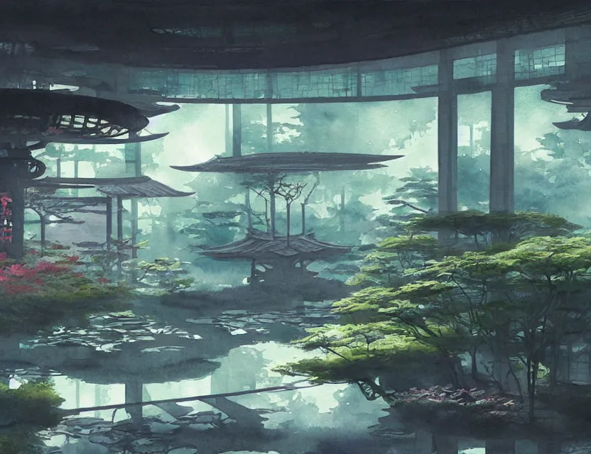 Prompt: japanese garden in a space fortress. this watercolor painting by the award - winning concept artist has cinematic lighting, an interesting color scheme and intricate details.