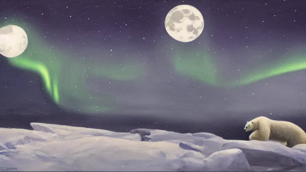 Image similar to an oil painting of a polar bear traversing a snowy landscape at night, the northern lights and the moon are visible