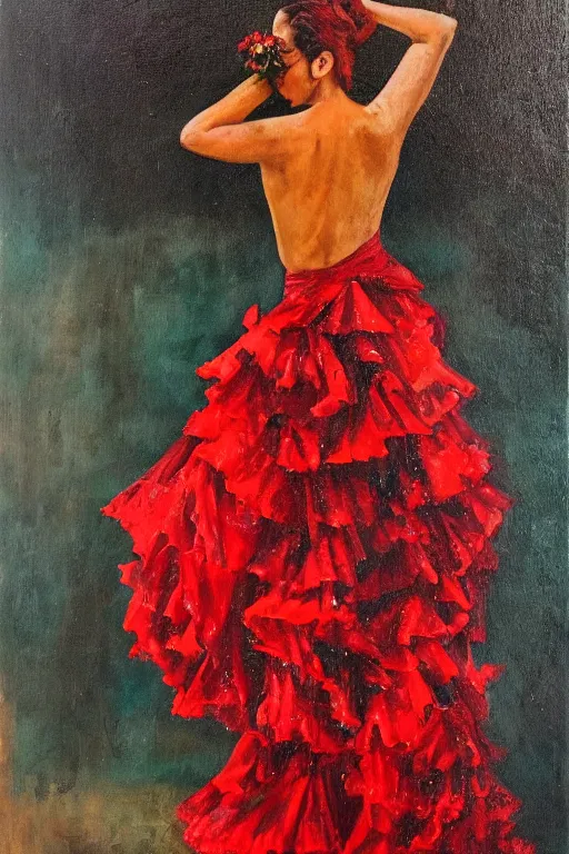 Prompt: oil painting of spanish flamenco dancer wearing a red dress made of flowers engulfed in flames, she's standing waist deep in water, dimly lit, looking away, dark shadows, ethereal, foggy, moody, surreal