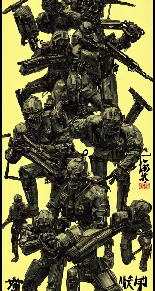 Prompt: Movie Poster for Schwartzlicht,about Chinese Russian Zombie Troopers Designed By Yasushi Nirasawa battle Japanese America Cyborgs Designed by Syd Mead and Giger, 1970s style, very detailed, text says: Schwarzlicht