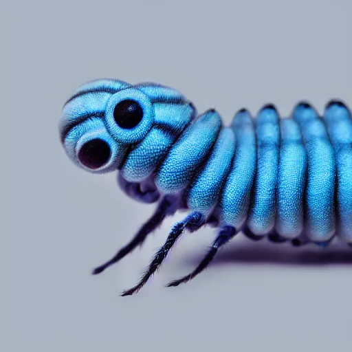 Image similar to studio photograph of a matte gray catterpillar with a neon blue head