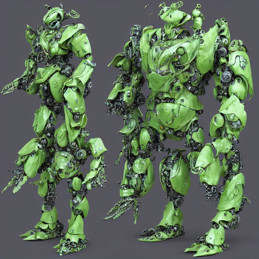 Image similar to waterlily themed amphibious power armor. mobile suit textured like water lettuce, top half is mecha nymphaea flower petals being robotic limbs, waterlily pads, sculpted metal, biomechanical, hyperdetailed, bandai box art, 8 k hd resolution, behance hd artstation. # power armor pistia playing waterlily pad tentacles, 8 k hd resolution