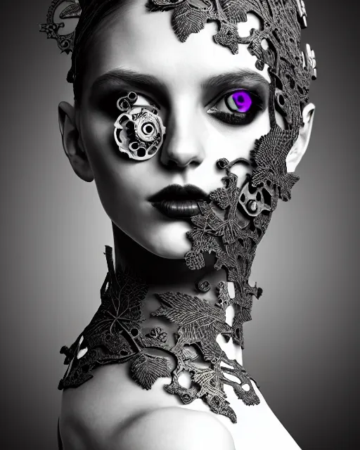 Image similar to monochrome profile portrait painting, dutch masters, silver lace floral steampunk biomechanical beautiful young female cyborg with one fluo techno eye, monocular, volumetric light, leaves foliage and stems, hibiscus flowers, rim light, big gothic fashion pearl embroidered collar, 8 k