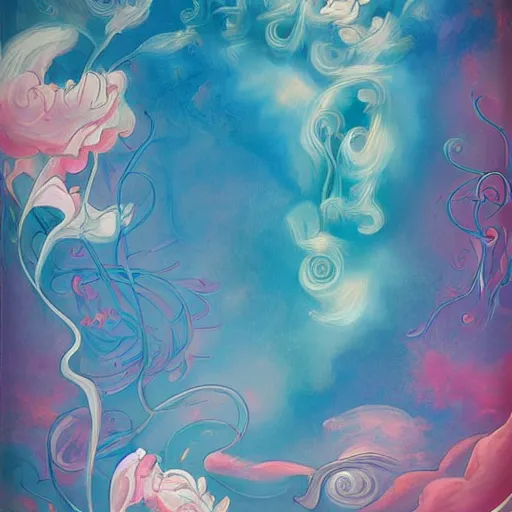 Prompt: a swirl of pastel color with large painting strokes with flowers flying through a blue and pink sky 3 d art abstract, art nouveau 3 d, baroque, expressionism, illustration, lowbrow, manga, pop