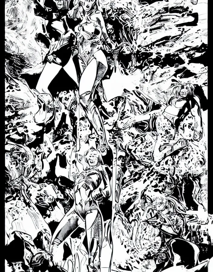 Image similar to comic page, one panel, kylie minogue as barbarella, exploring an alien planet. drawn by pablo marcos. b & w. black and white.