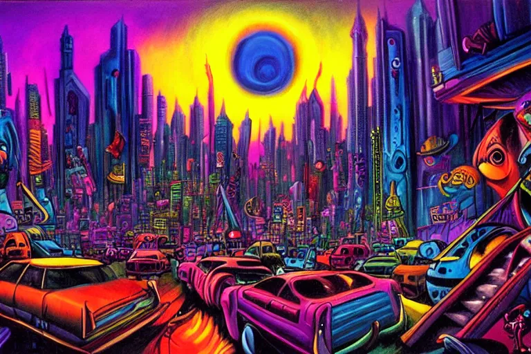 Image similar to surreal colorful nightmarish cityscape, artwork by ralph bakshi