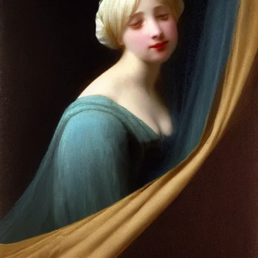 Image similar to a young woman’s face, her hair is white, she wears a long flowing blue satin veil, by ivan aivazovsky and and pieter claesz and paul delaroche and alma tadema and august malmstrom and and willen claesz heda and aelbert cuyp and gerard ter borch, hyperrealistic, rendered in octane