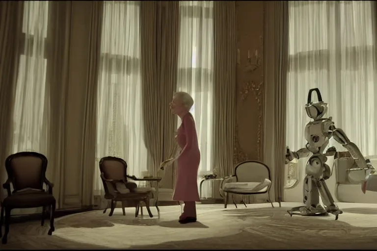Prompt: VFX movie portrait of old woman applauding sleek butler robot in a decadent living room by Emmanuel Lubezki